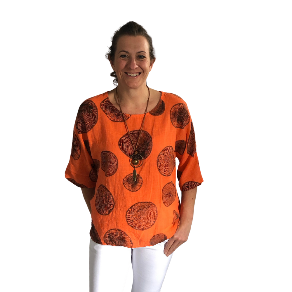 Orange with Black Bark Design 3/4 Sleeves Top with Necklace. (A121)