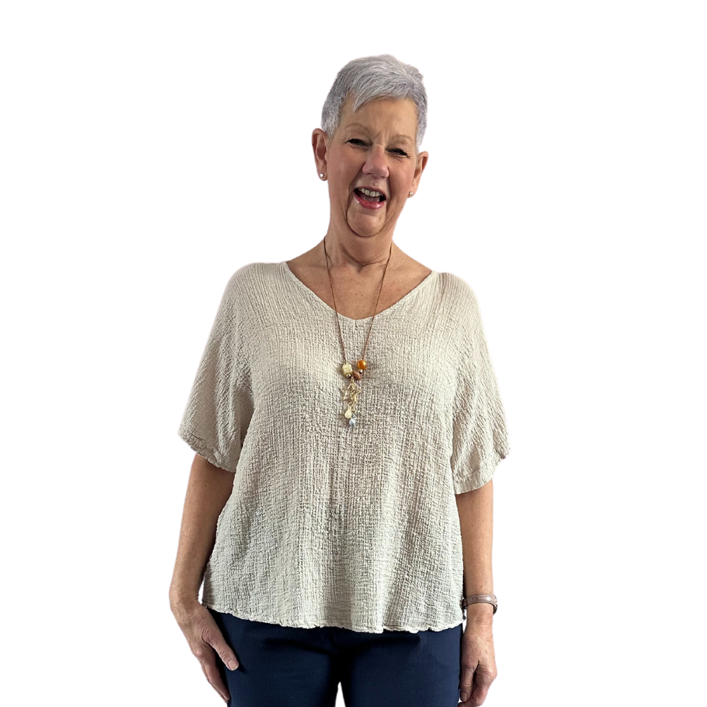 Beige Plain Crinkle cotton top for women. (A147)