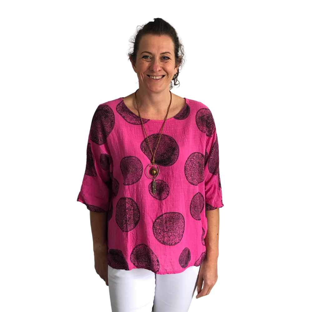 Fuchsia pink with Black Bark Design 3/4 Sleeves Top with Necklace. (A121)