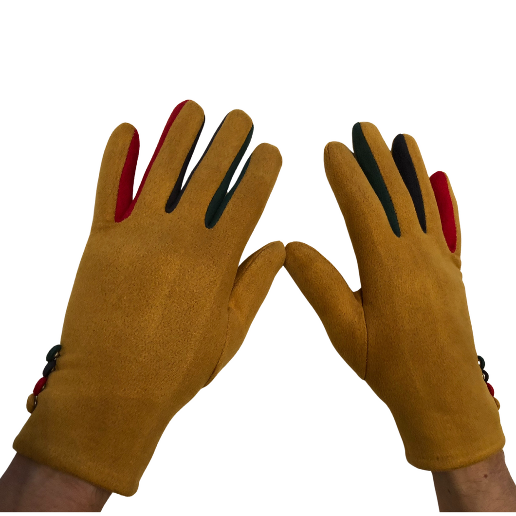 G1925 Plain mustard ladies Gloves with a splash of colour between the fingers