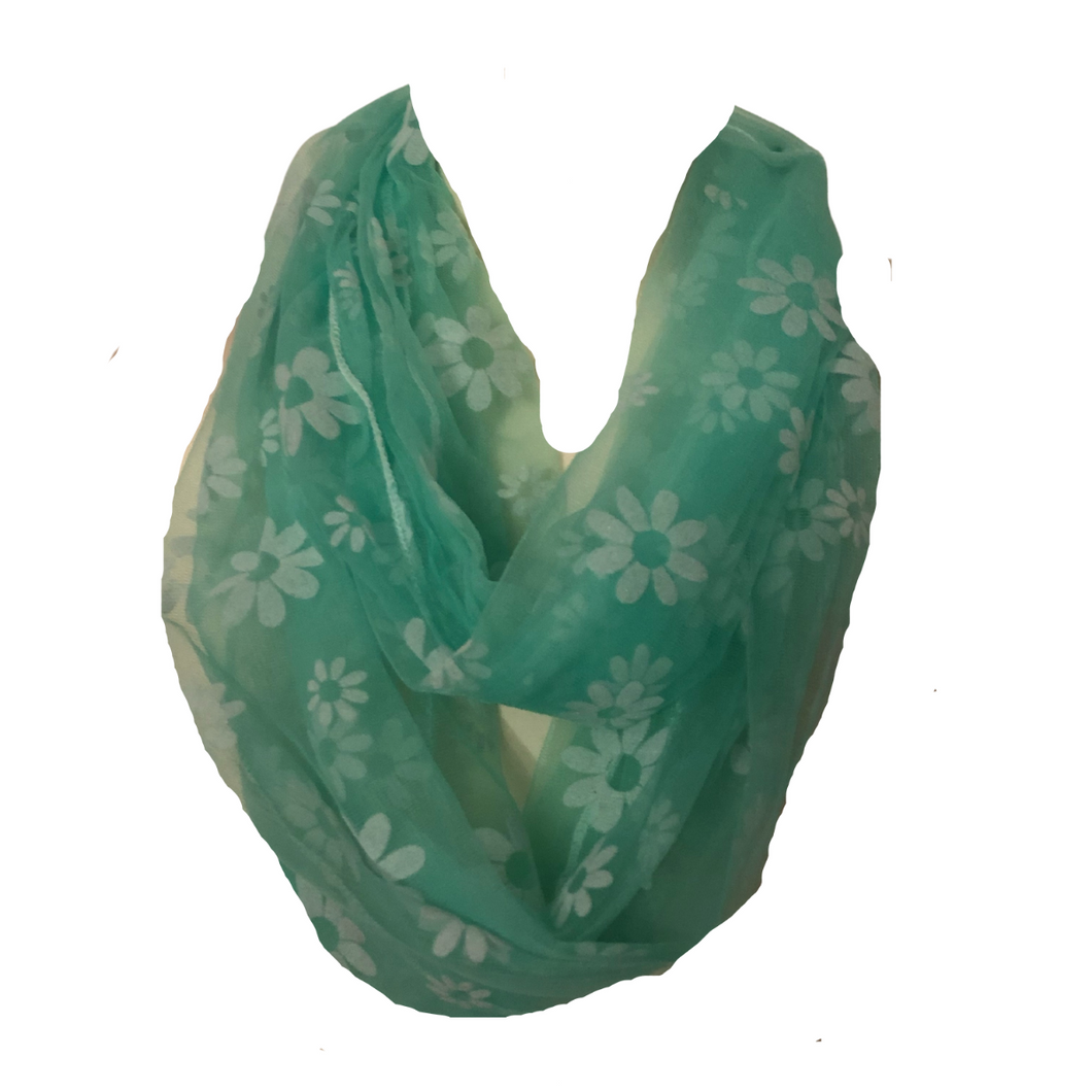 Lime Green with White Flower Chiffon Style Design Snood Scarf