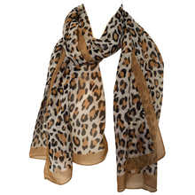 Load image into Gallery viewer, Light Brown with Brown Chiffon Style Animal Leopard Print Design Soft Ladies Scarf with Border
