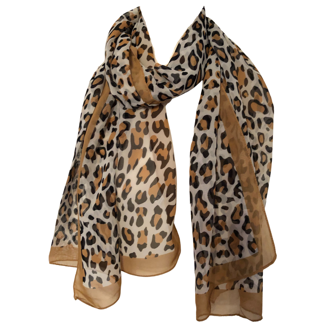 Light Brown with Brown Chiffon Style Animal Leopard Print Design Soft Ladies Scarf with Border