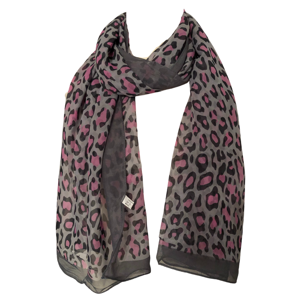 Grey with Pink Chiffon Style Animal Leopard Print Design Soft Ladies Scarf with Border