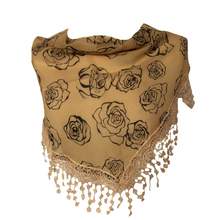 Load image into Gallery viewer, Beige with Black Roses Chiffon Style Triangle Scarf with lace Trim. a Lovely Fashion Item. Fantastic Gift
