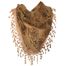 Load image into Gallery viewer, Beige with Black Roses Chiffon Style Triangle Scarf with lace Trim. a Lovely Fashion Item. Fantastic Gift
