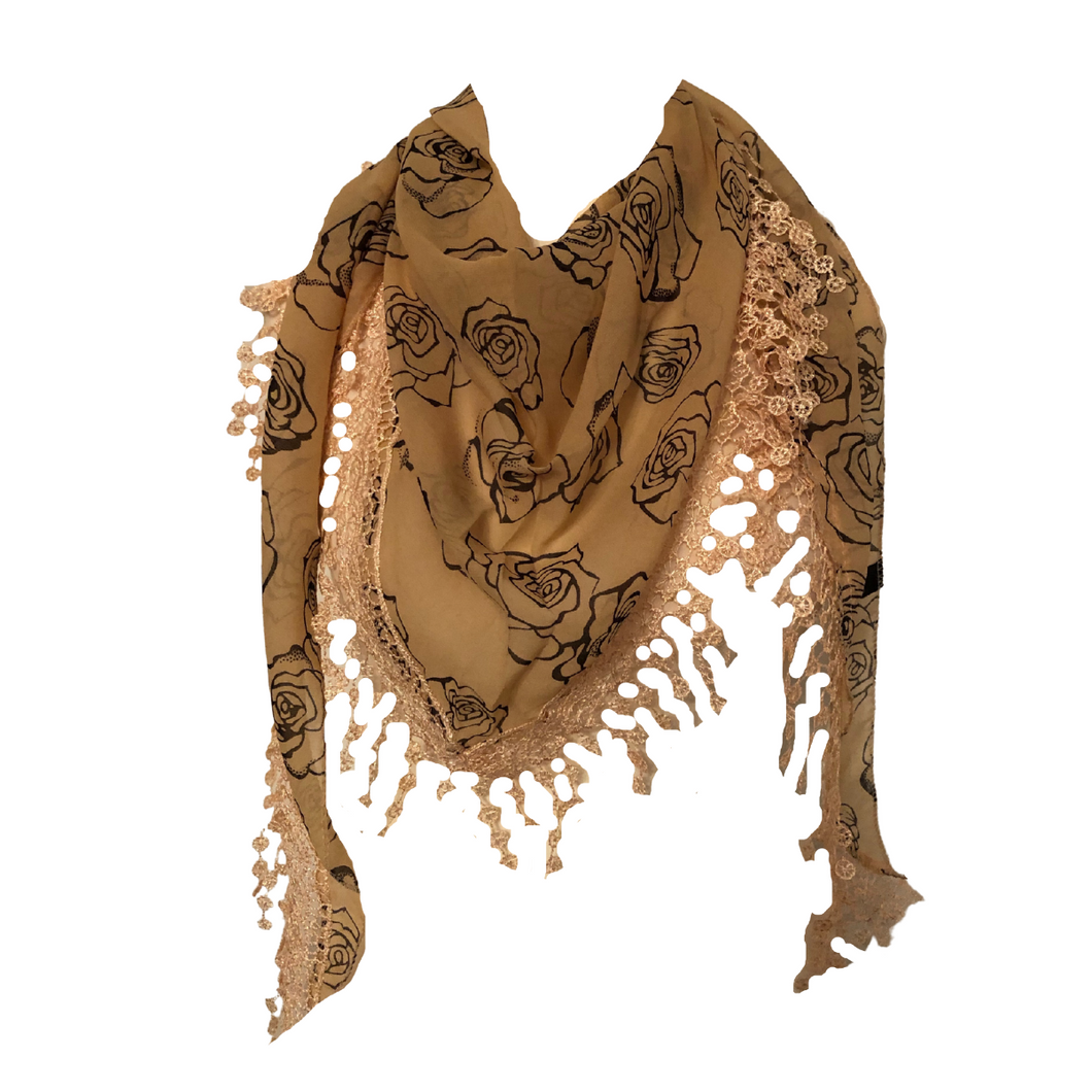 Beige with Black Roses Chiffon Style Triangle Scarf with lace Trim. a Lovely Fashion Item. Fantastic Gift