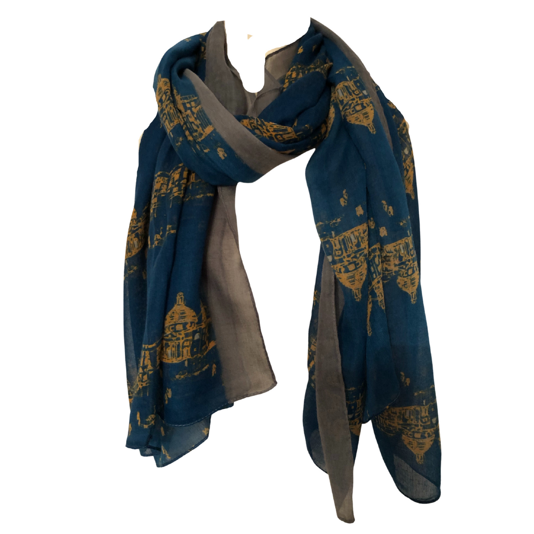 Blue with Mustard Building Complex and Grey Border Long Scarf