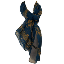 Load image into Gallery viewer, Blue with Mustard Building Complex and Grey Border Long Scarf
