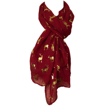 Load image into Gallery viewer, Ladies Red with Gold Deer Scarf/wrap
