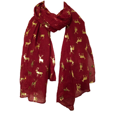 Load image into Gallery viewer, Ladies Red with Gold Deer Scarf/wrap
