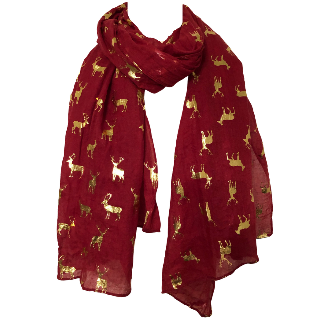 Ladies Red with Gold Deer Scarf/wrap