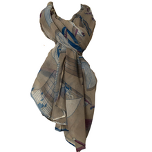 Load image into Gallery viewer, Beige with Blue/White Big Boats Scarf.
