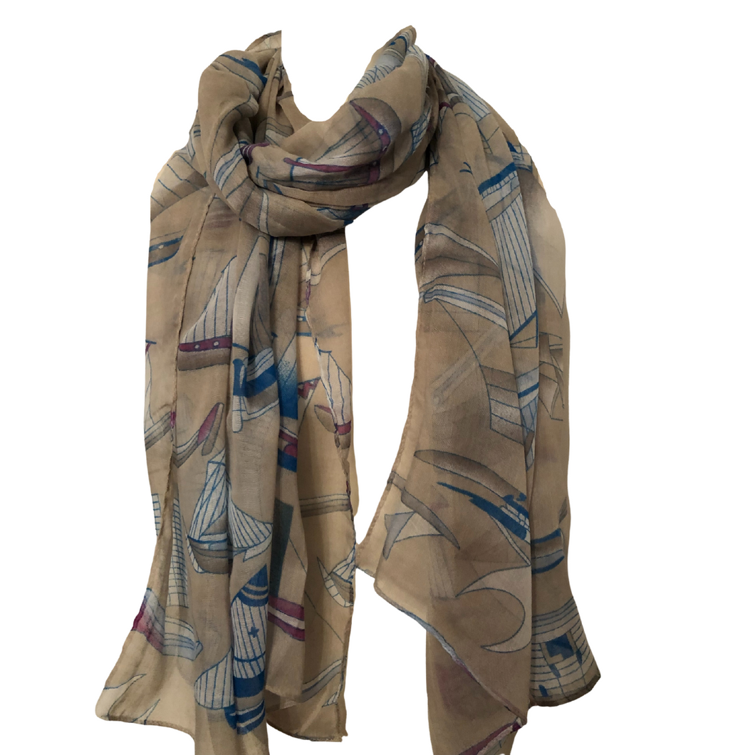 Beige with Blue/White Big Boats Scarf.