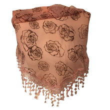 Load image into Gallery viewer, Pink with Brown Roses Chiffon Style Triangle Scarf with lace Trim. a Lovely Fashion Item. Fantastic Gift
