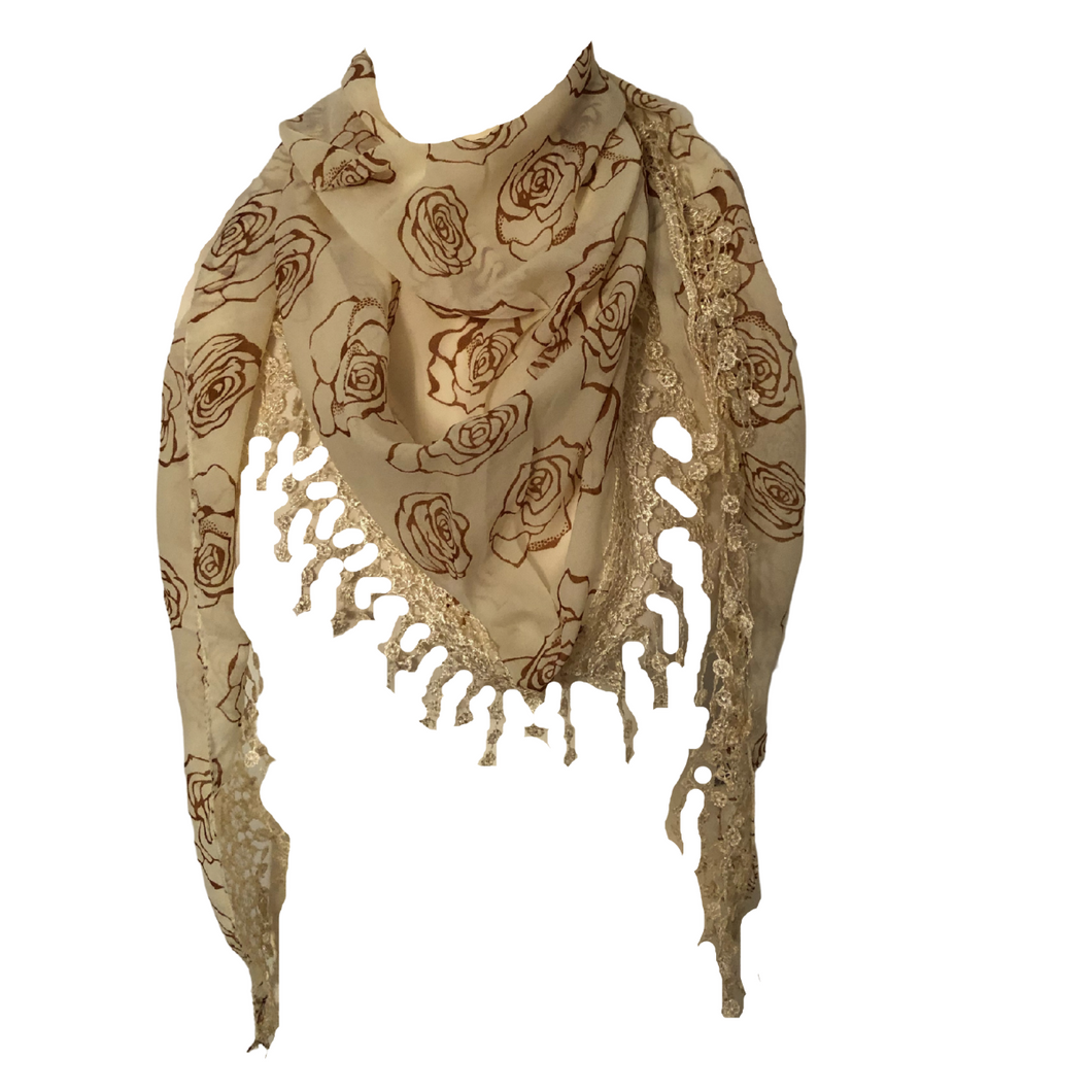 Cream with Brown Roses Chiffon Style Triangle Scarf with lace Trim. a Lovely Fashion Item. Fantastic Gift