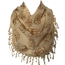 Load image into Gallery viewer, Cream with Brown Roses Chiffon Style Triangle Scarf with lace Trim. a Lovely Fashion Item. Fantastic Gift
