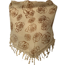 Load image into Gallery viewer, Cream with Brown Roses Chiffon Style Triangle Scarf with lace Trim. a Lovely Fashion Item. Fantastic Gift
