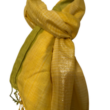 Load image into Gallery viewer, Yellow with Green and Silver Thread Long Ladies Scarf, Lovely Fashion Item.
