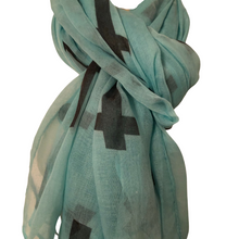 Load image into Gallery viewer, Aqua with Black Crosses Scarf/wrap
