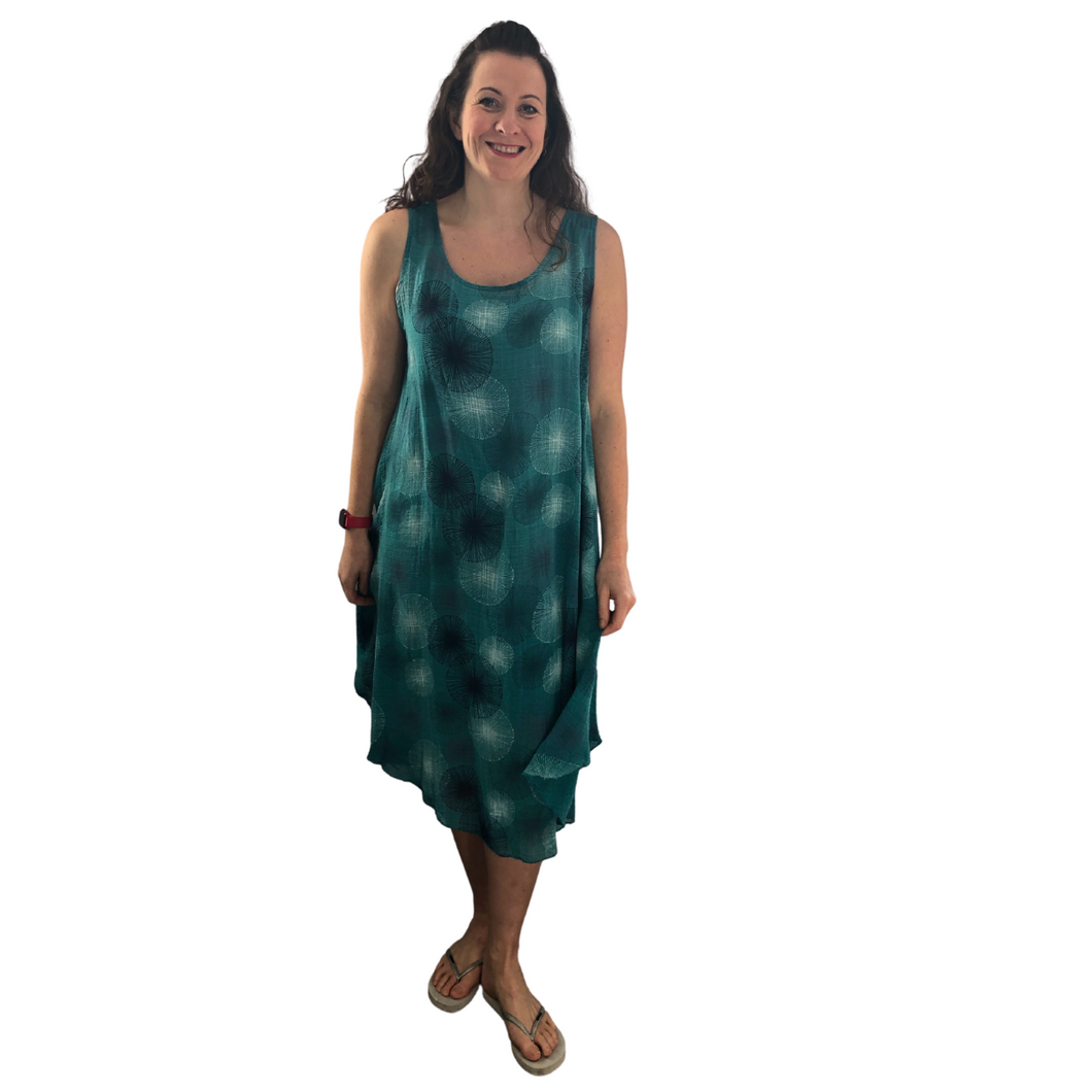 Teal dandelion puff design dress (A110)