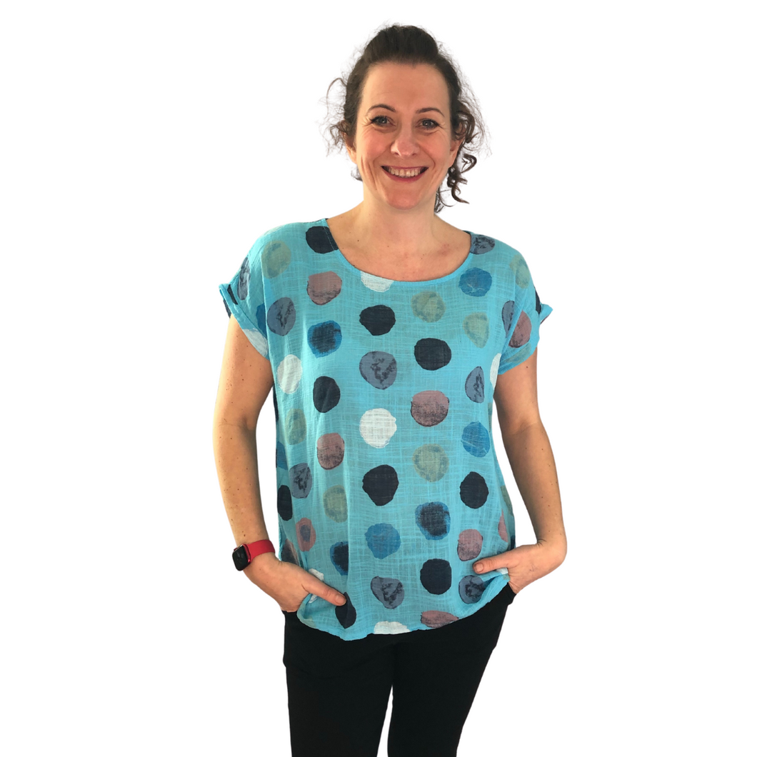 Turquoise with multi coloured Dots T shirt  (A107) - Made in Italy