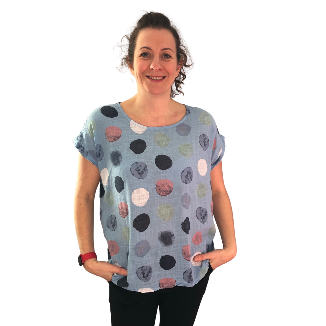 Light blue with multi coloured Dots T shirt  (A107) - Made in Italy