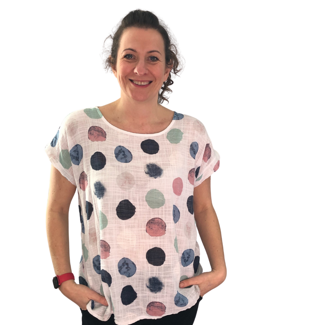 White with multi coloured Dots T shirt  (A107) - Made in Italy