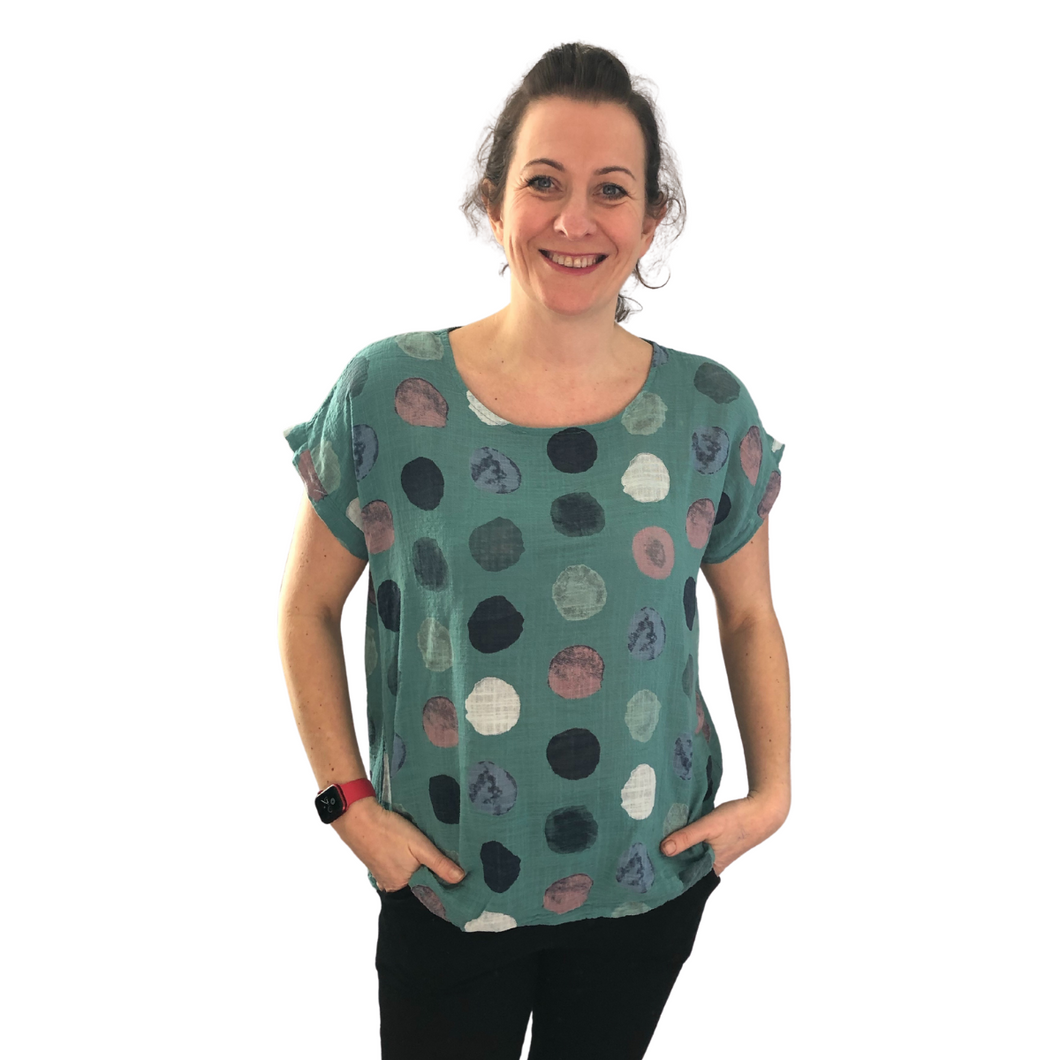 Sage Green with multi coloured Dots T shirt  (A107) - Made in Italy