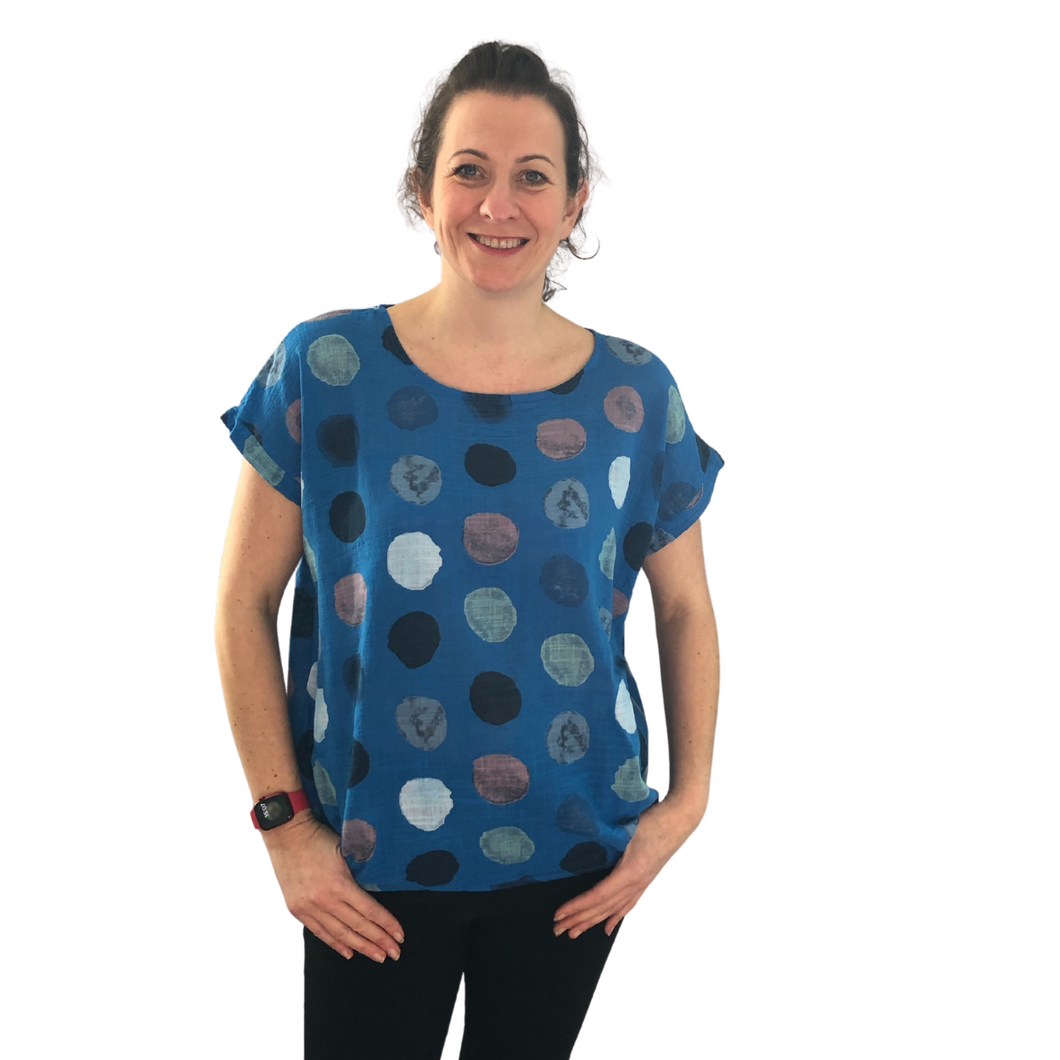 Royal Blue with multi coloured Dots T shirt  (A107) - Made in Italy